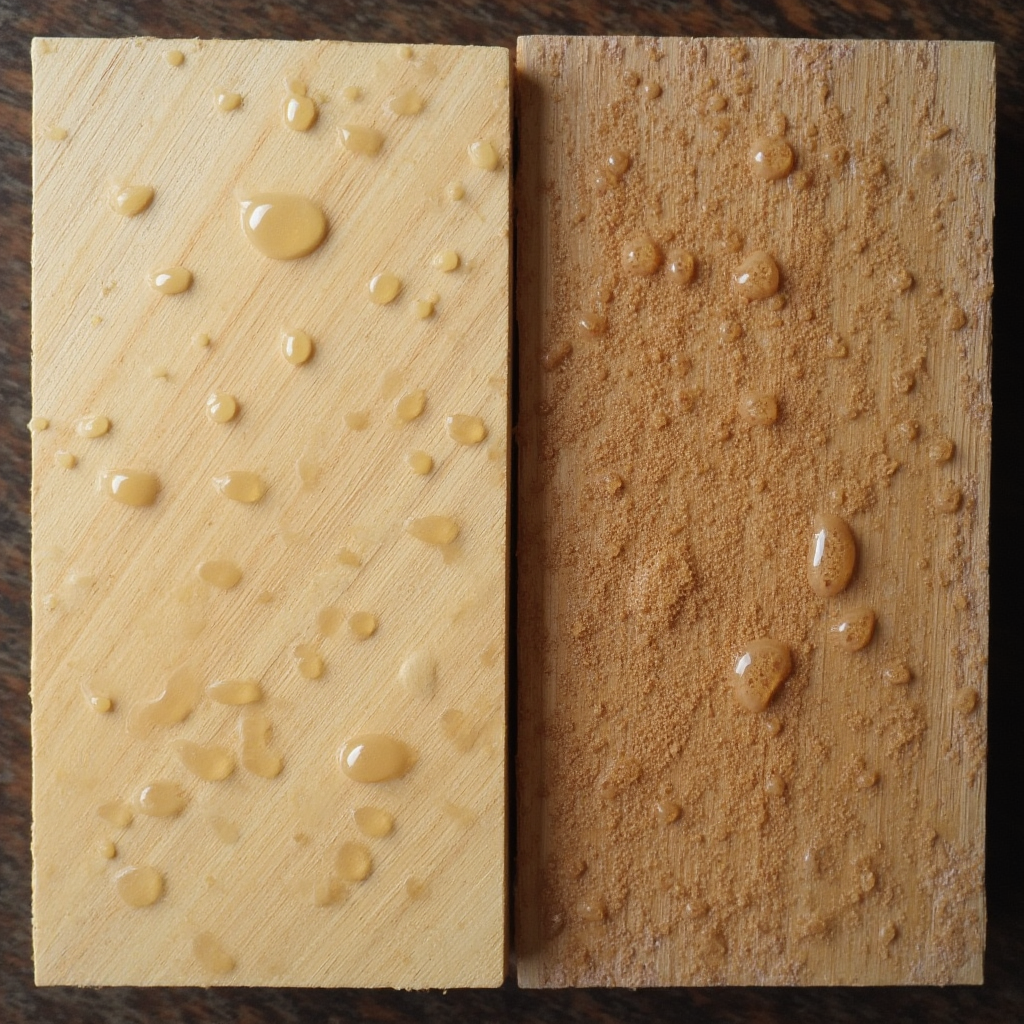 Porównanie powierzchni: drewniana deska zabezpieczona olejem (matowa faktura) obok deski lakierowanej (błyszcząca powierzchnia), widoczne krople wody utrzymujące kształt na obu próbkach, kadr laboratoryjny