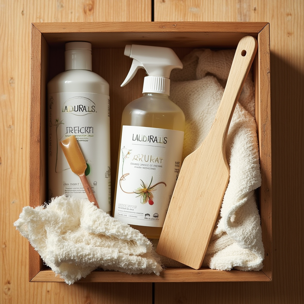 Zestaw do pielęgnacji drewnianej podłogi: drewniana skrzynka z naturalnymi środkami czyszczącymi, szmatka z mikrofibry, wosk w sztyfcie, szpachelka, kadr w stylu flat lay