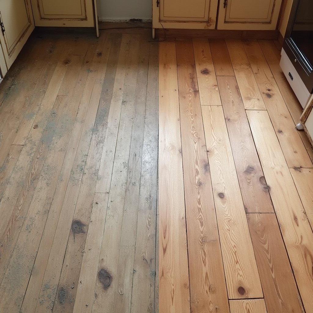 Zestawienie starej i odnowionej podłogi drewnianej w kuchni: po lewej spłowiała deska z zabrudzeniami, po prawej ta sama deska po renowacji z widocznym rysunkiem słojów, kadr podzielony na pół