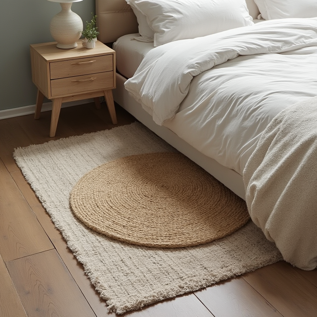Warstwowe ułożenie dwóch dywanów: okrągłego jutowego pod stolikiem nocnym i prostokątnego wełnianego pod łóżkiem, kadr ukośny z perspektywy podłogi