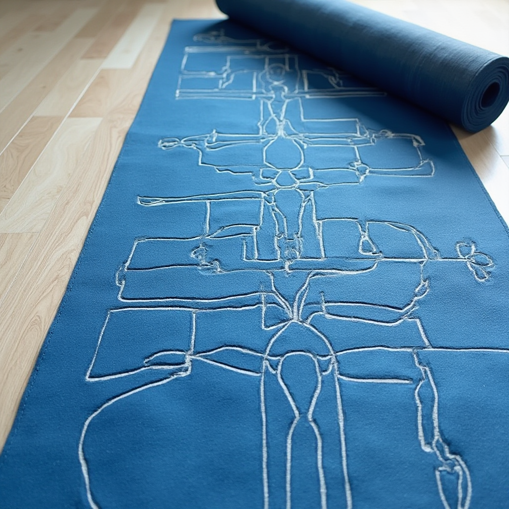 Dywan do jogi w kolorze indygo z wyznaczonymi konturami pozycji, mata do ćwiczeń zwinięta obok, kadr z perspektywy ćwiczącego