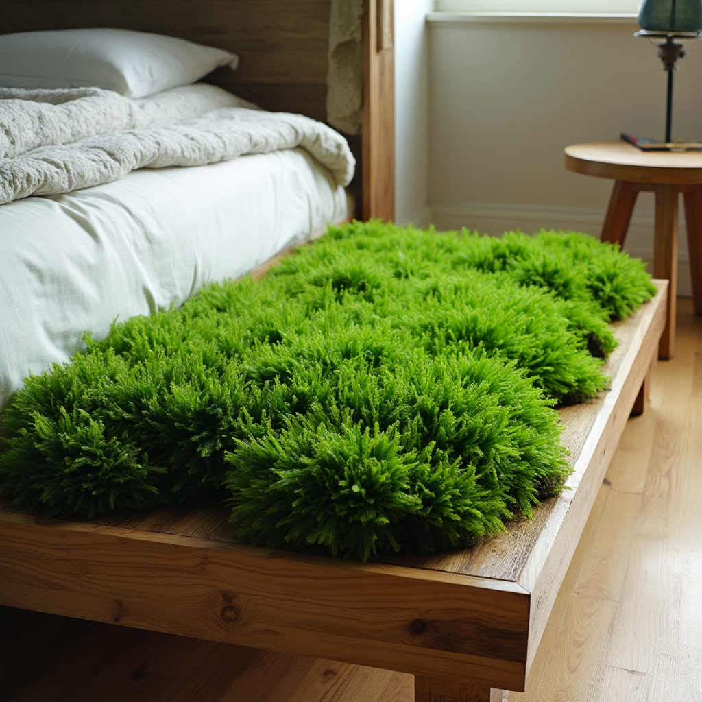 Biodegradowalny dywan z mchu w kształcie liścia, drewniana platforma łóżka na palach, kadr z boku