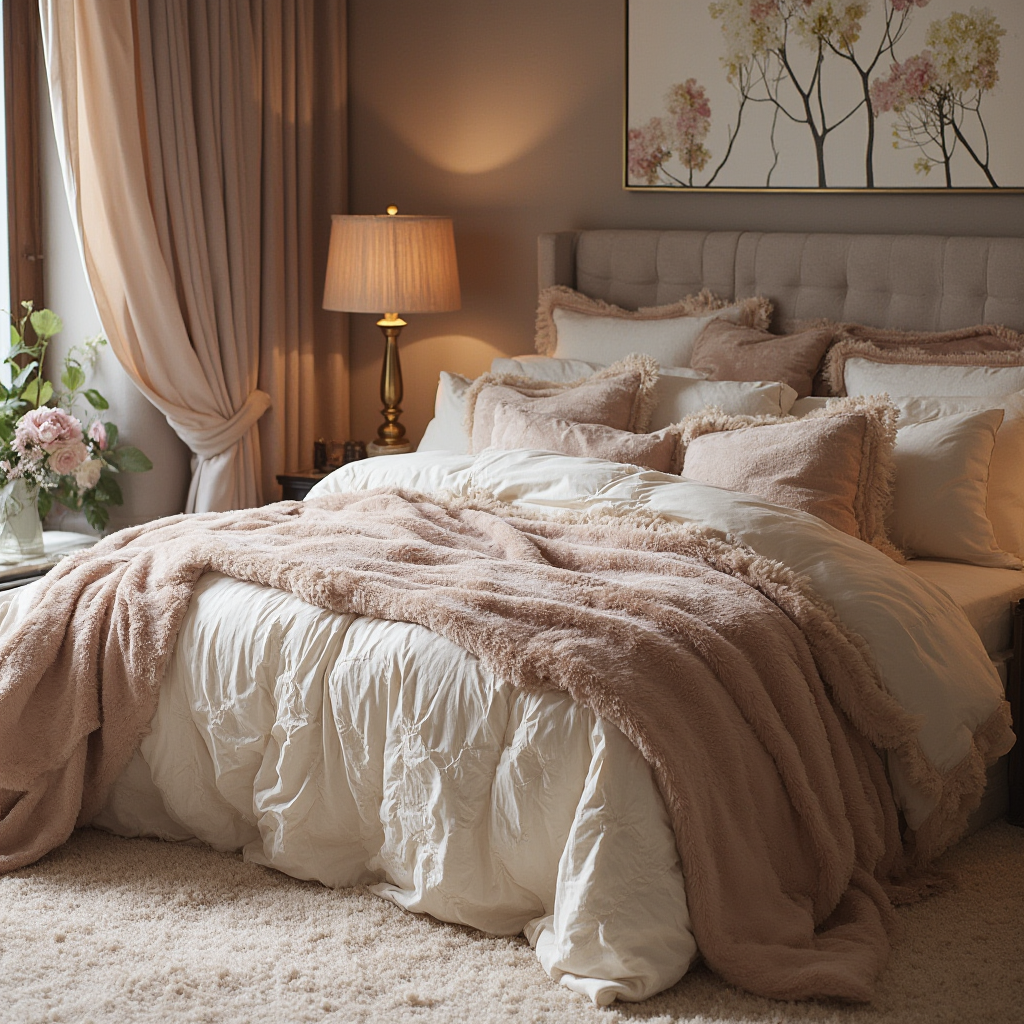 Harmonijne zestawienie tekstyliów sypialnianych: satynowa pościel, welurowe poduchy, puszysty dywan, kadr detaliczny