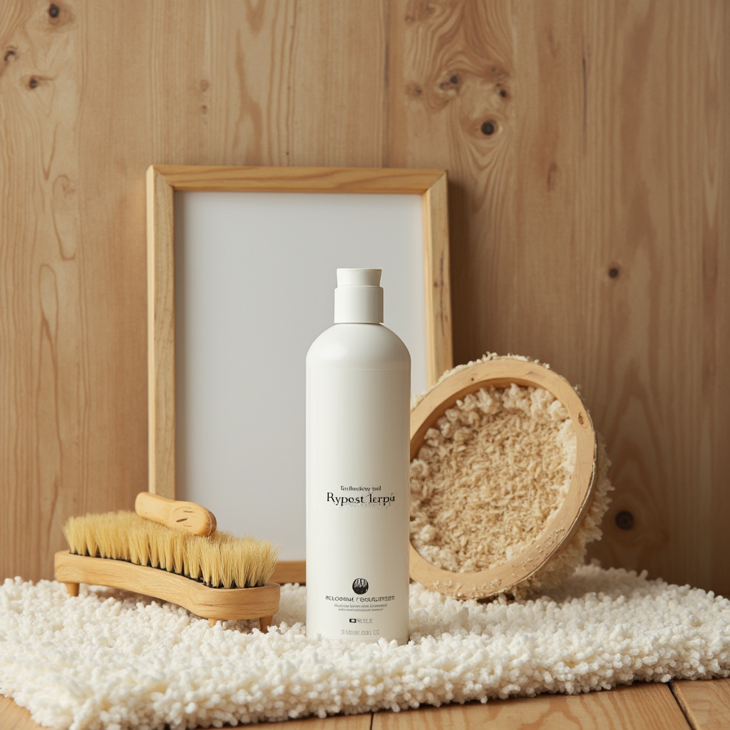 Zestaw do pielęgnacji dywanów: naturalne szczotki, butelka z ekologicznym płynem, kadr kompozycyjny na drewnianym tle