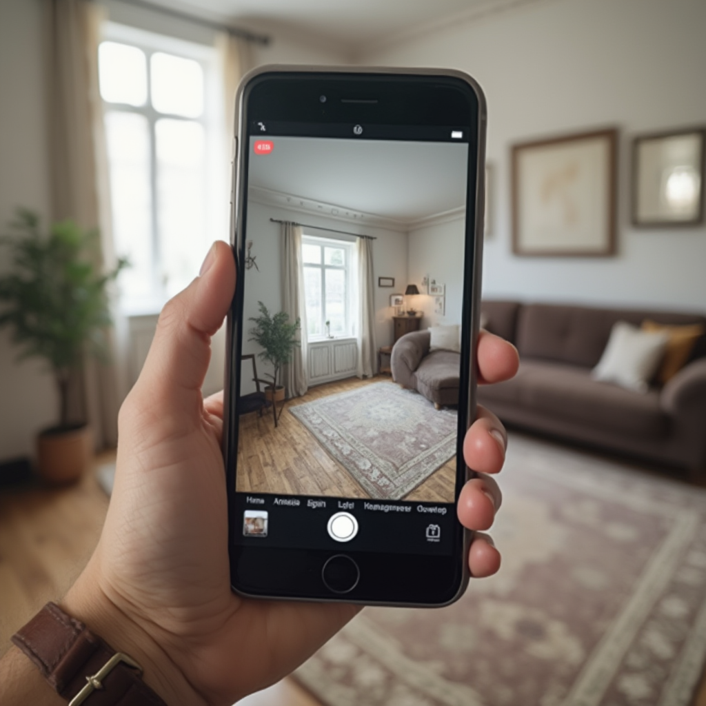 Ekran smartfona z aplikacją AR pokazującą wirtualny dywan w rzeczywistej sypialni, kadr z ręką trzymającą telefon