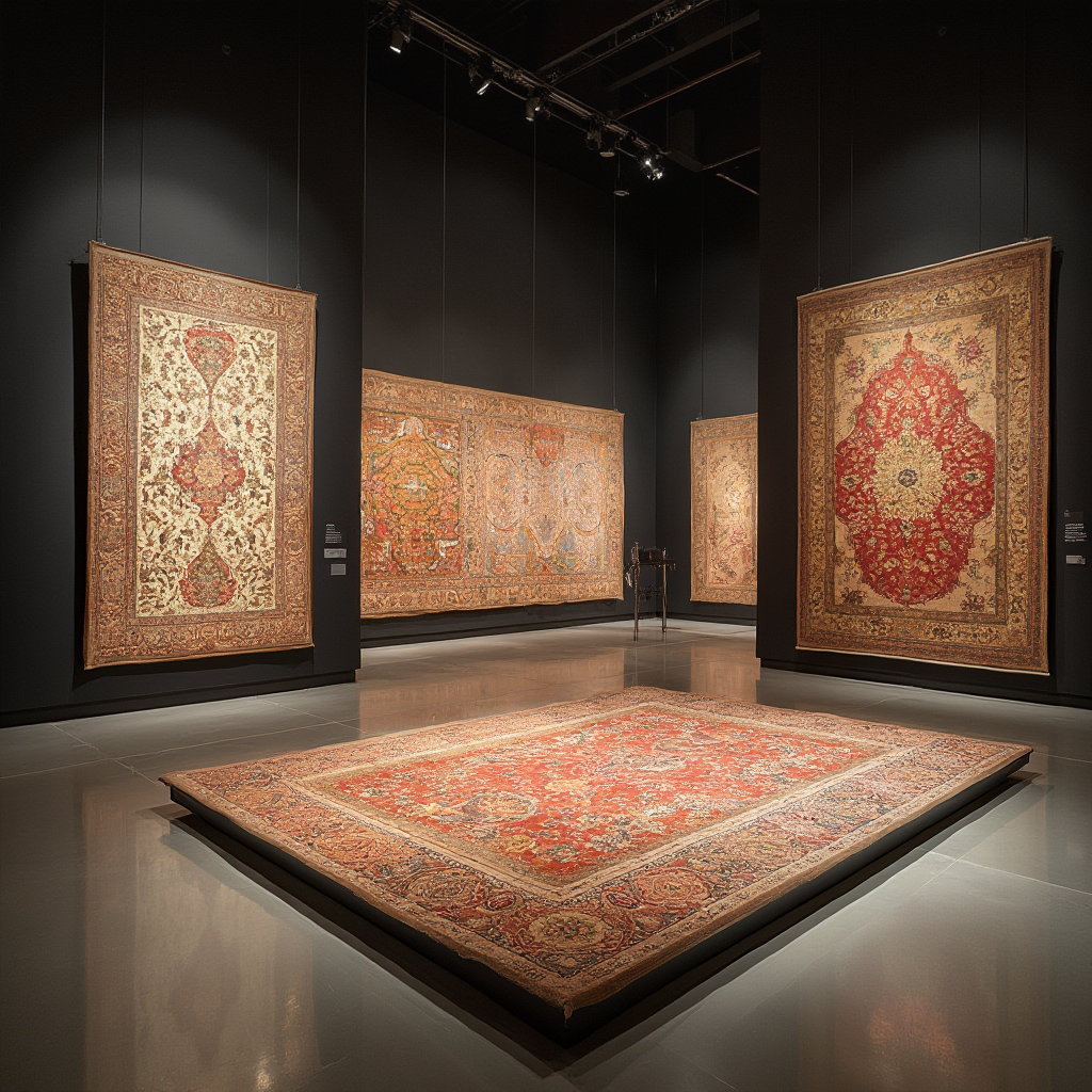 Kolekcja kultowych dywanów wystawiona w galeryjnym świetle, szklane podium, kadr artystyczny