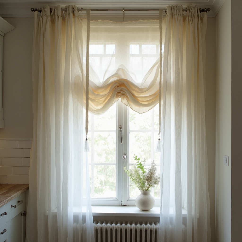 Nowoczesne okno kuchenne z trójwarstwową kompozycją firan: siatkowa podstawa, welurowy środek i jedwabne wstępy, kadr z widocznym szklanym wazonem na parapecie