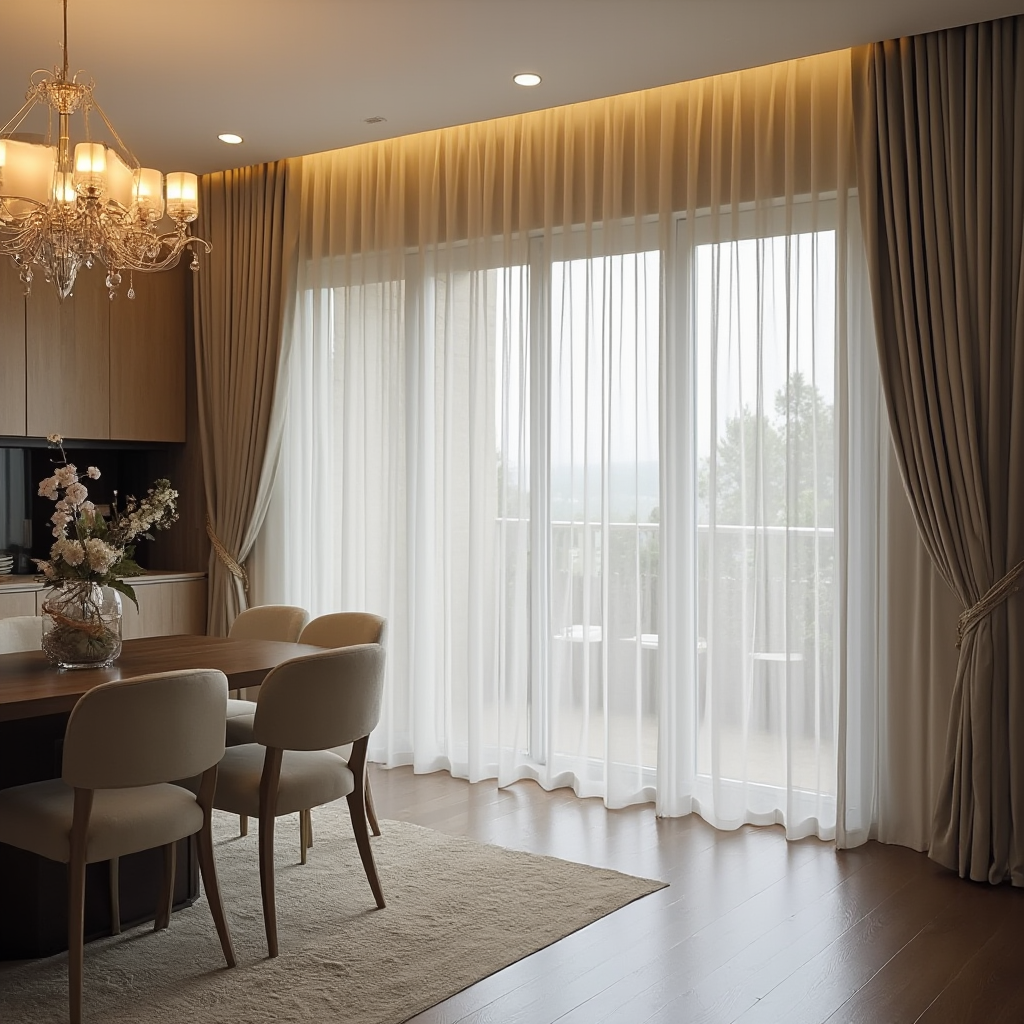 Inteligentny system firan z automatycznym przesuwem, widok na kuchenną strefę jadalną z podświetlanym sufitem, kadr ukazuje panel sterowania z wyświetlaczem dotykowym