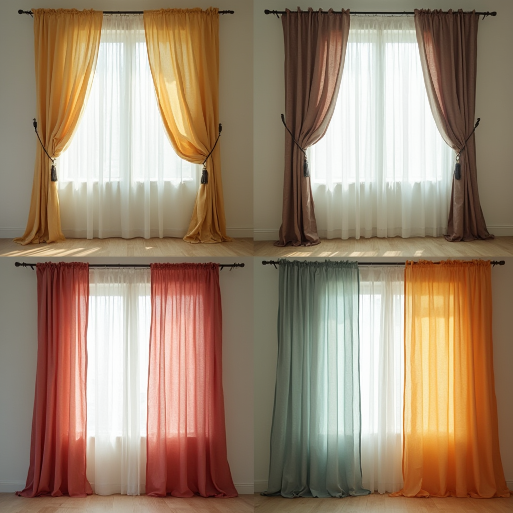 Cztery zestawy firan w stonowanych kolorach ułożone w kwadratowy kolaż, każdy reprezentujący inną porę roku, kadr z delikatnym rozmyciem tła