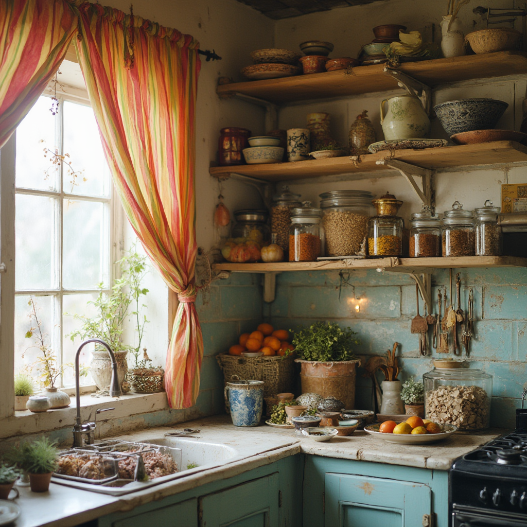 Kuchnia w stylu eklektycznym z wielokolorową firaną w paski, kadr ukazuje otwartą półkę z ceramiką i wiszącymi przyprawami w szklanych pojemnikach