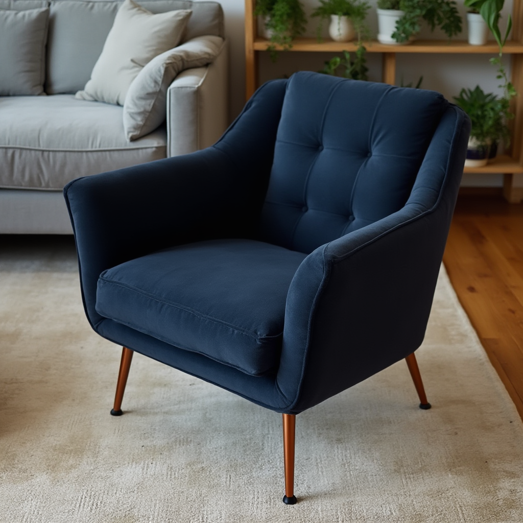 fotel w kolorze ciemnego granatu z miedzianymi nóżkami, ustawiony na jasnobeżowym dywanie, w tle szara kanapa i drewniana półka z zielonymi roślinami, widok z góry