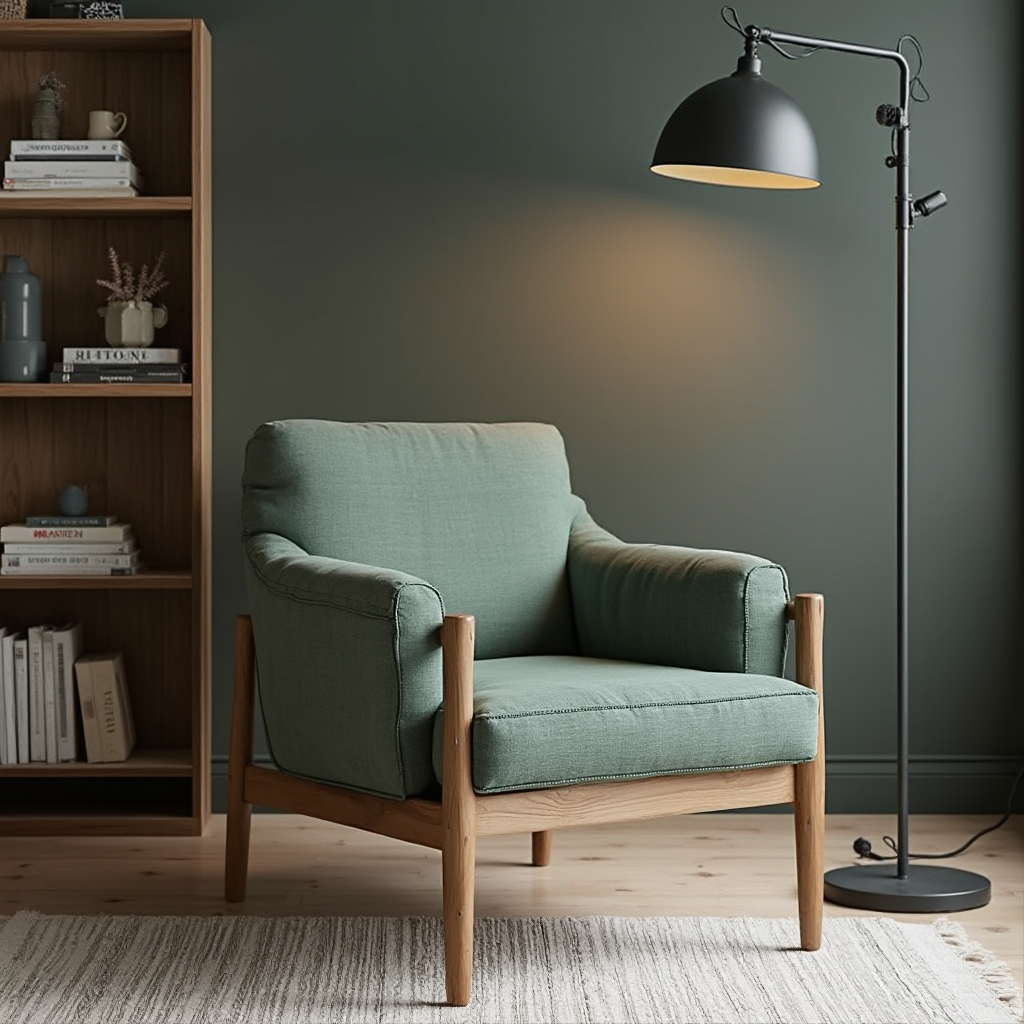 skandynawski fotel w kolorze szarej zieleni z drewnianymi elementami, ustawiony pod stojącą lampą w stylu industrialnym, w tle regał z książkami, zdjęcie pod kątem 45 stopni