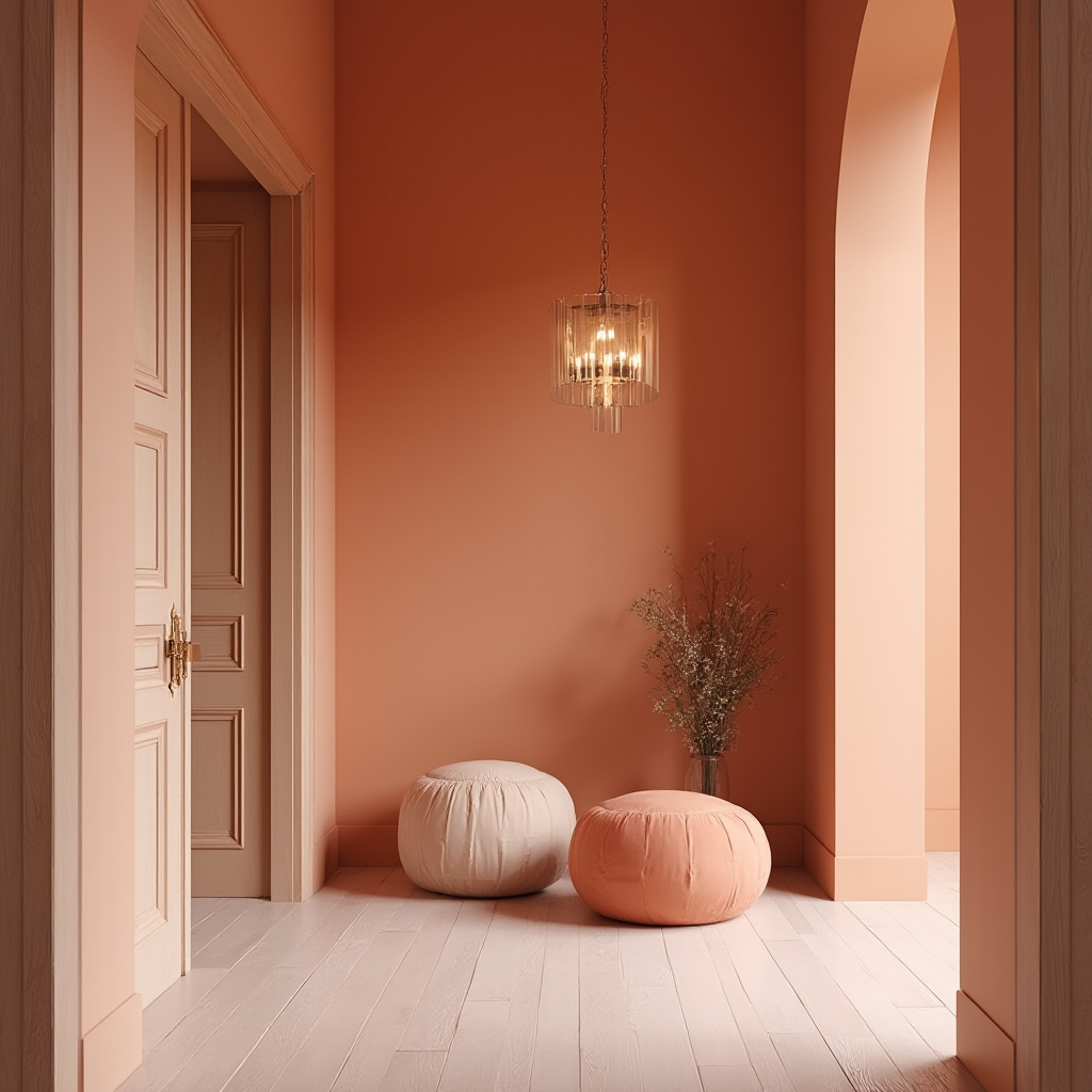 narożnik w kolorze łososiowym z zestawem dwóch okrągłych puf, obok wisząca żyrandolowa lampa, w tle dekoracyjna ściana z geometrycznym wzorem, perspektywa od drzwi