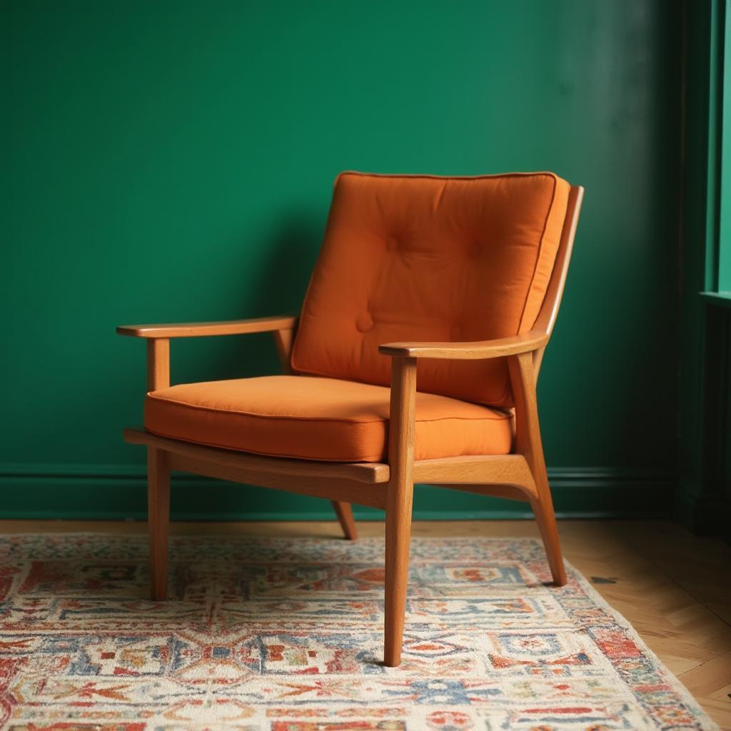 fotel w stylu mid-century z drewnianą ramą i pomarańczową tapicerką, ustawiony na tle ściany w kolorze szmaragdu, na podłodze geometryczny dywan, perspektywa z niskiego pułapu