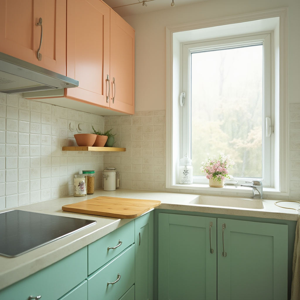 Mała kuchnia w pastelowych kolorach z wysuwanym blatem przy oknie. Kadr ukazuje całe pomieszczenie, z widocznymi wąskimi szufladami pod zlewozmywakiem.