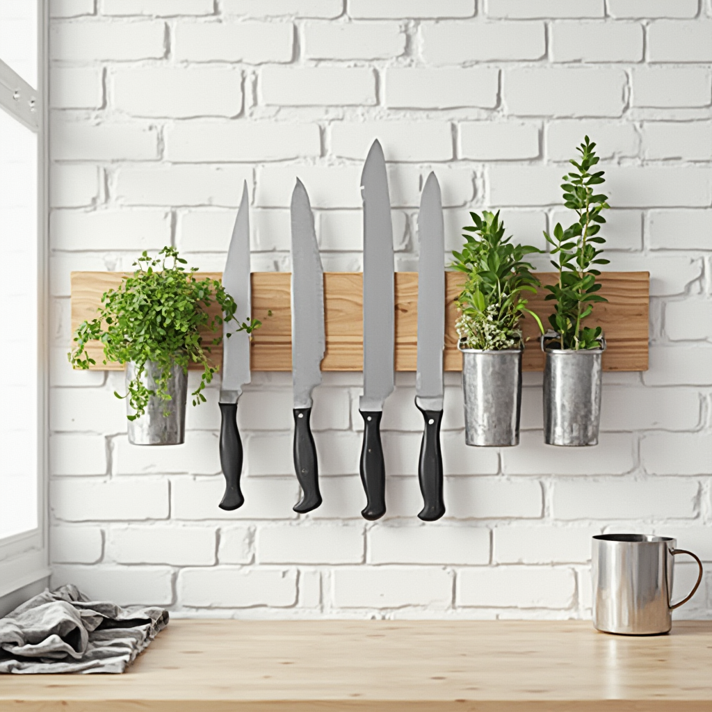 Drewniana listwa magnetyczna z zawieszonymi nożami i ziołami w metalowych puszkach. Kadr zbliżony na jasną ceglaną ścianę w stylu skandynawskim.