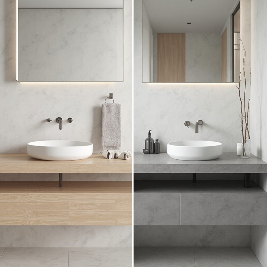 Porównanie umywalki nablatowej i wpuszczanej w identycznej łazience: po lewej biała ceramiczna umywalka na jasnym drewnianym blacie, po prawej szara umywalka podblatowa zintegrowana z betonowym blatem