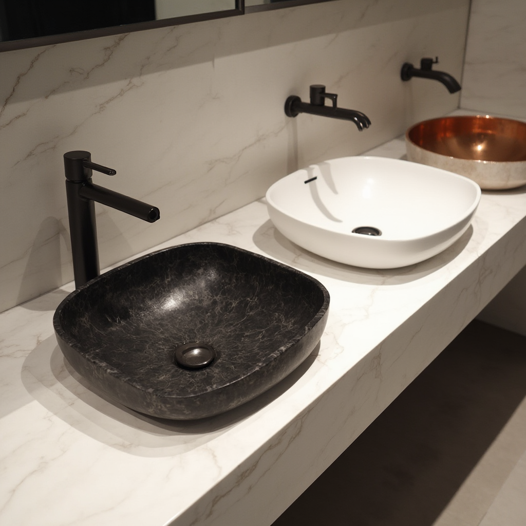 Blat łazienkowy z trzema umywalkami w różnych materiałach: biała ceramika, czarny kompozyt kwarcowy i miedziana stal nierdzewna