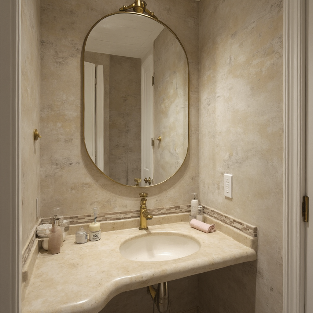 Mała łazienka z narożną półokrągłą umywalką nablatową w kolorze ecru, nad nią wiszące lusterko w mosiężnej ramie, na ścianie płytki imitujące beton