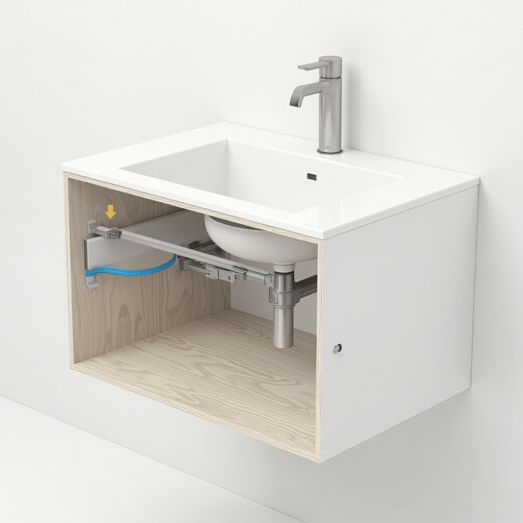 Schemat montażu umywalki nablatowej: przekrój przez blat z widocznym systemem mocowania misy, uszczelką silikonową i szafką pod spodem