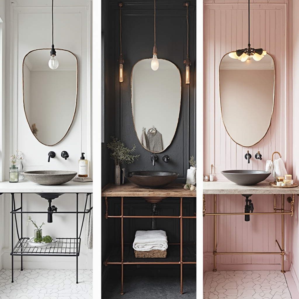 Trzy różne aranżacje łazienek z umywalkami nablatowymi: skandynawska biel, industrialna czerń z miedzią, retro róż z złotymi detalami