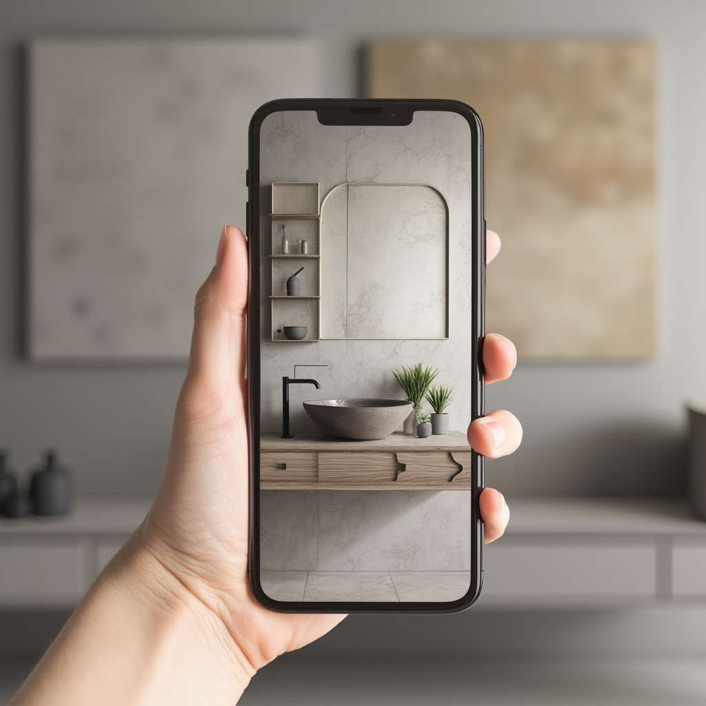 Ręka trzymająca smartfon z wyświetlonym projektem 3D łazienki z umywalką nablatową, w tle próbki materiałów w odcieniach szarości i beżu