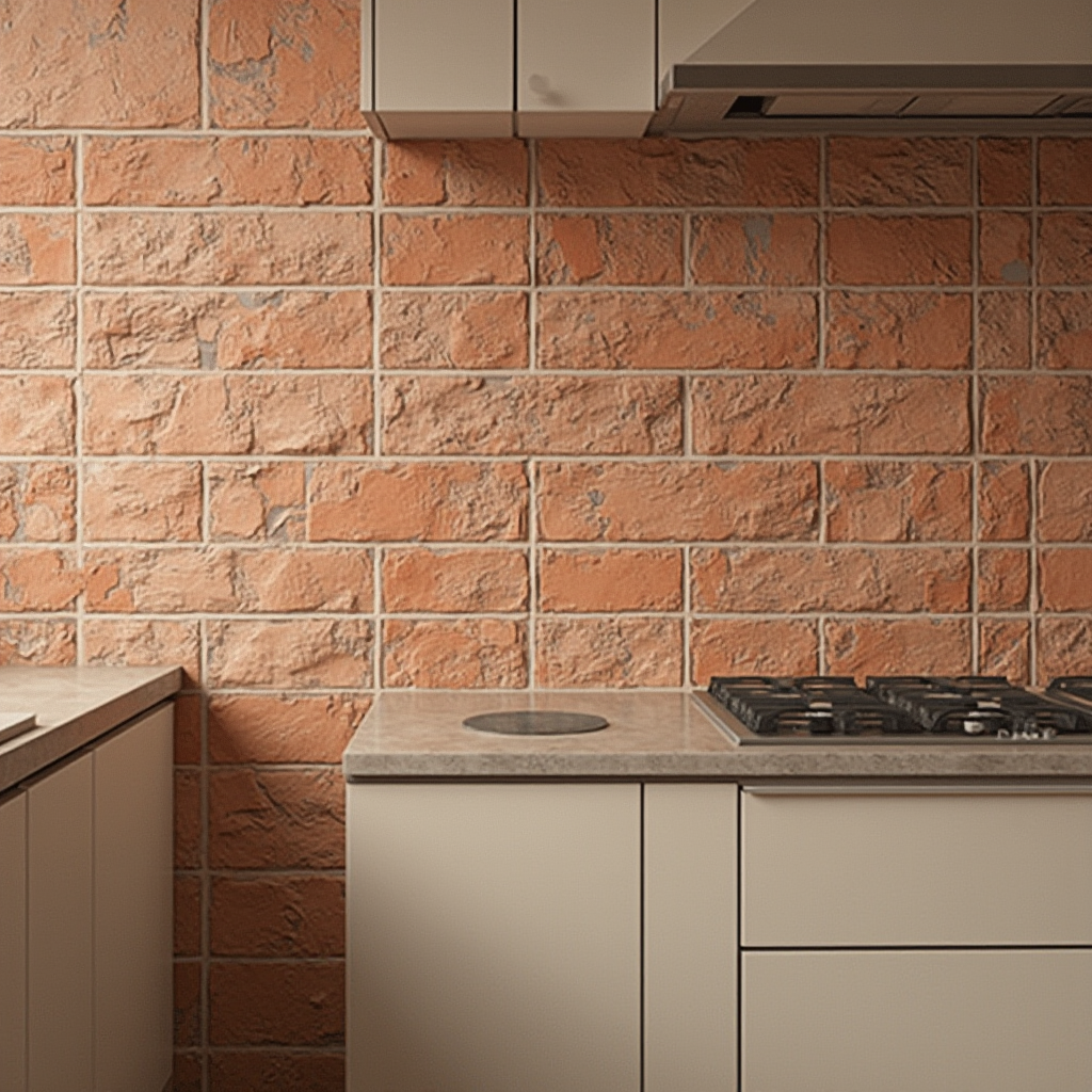 Pionowy układ płytek w formacie 25x75 cm w odcieniach terakoty, widok na fragment ściany między szafkami kuchennymi. Tekstura płytek imituje ręcznie formowaną cegłę z delikatnymi nierównościami powierzchni.