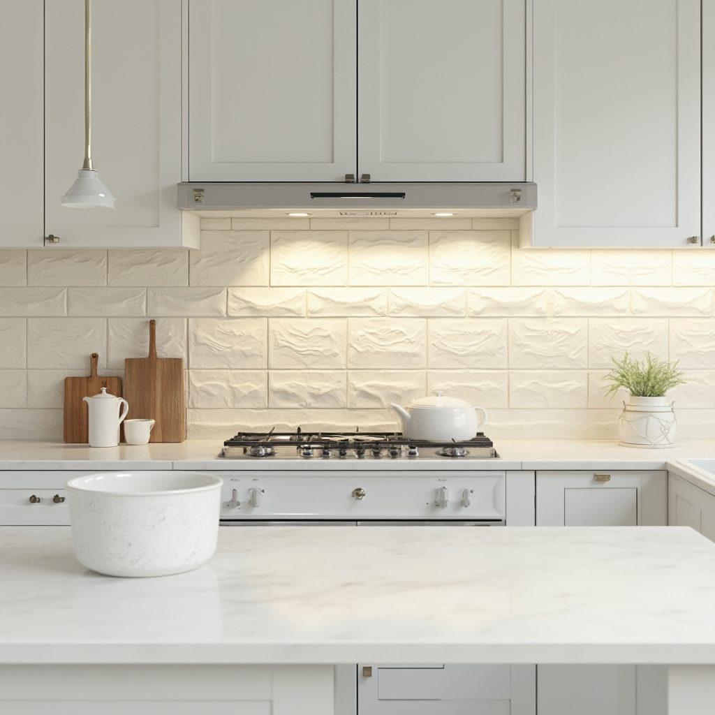 Biała kuchnia z płytkami w odcieniu ecru o fakturze płótna lnianego, widok na okap i przestrzeń nad szafkami. Oświetlenie punktowe podkreśla trójwymiarową strukturę płytek.