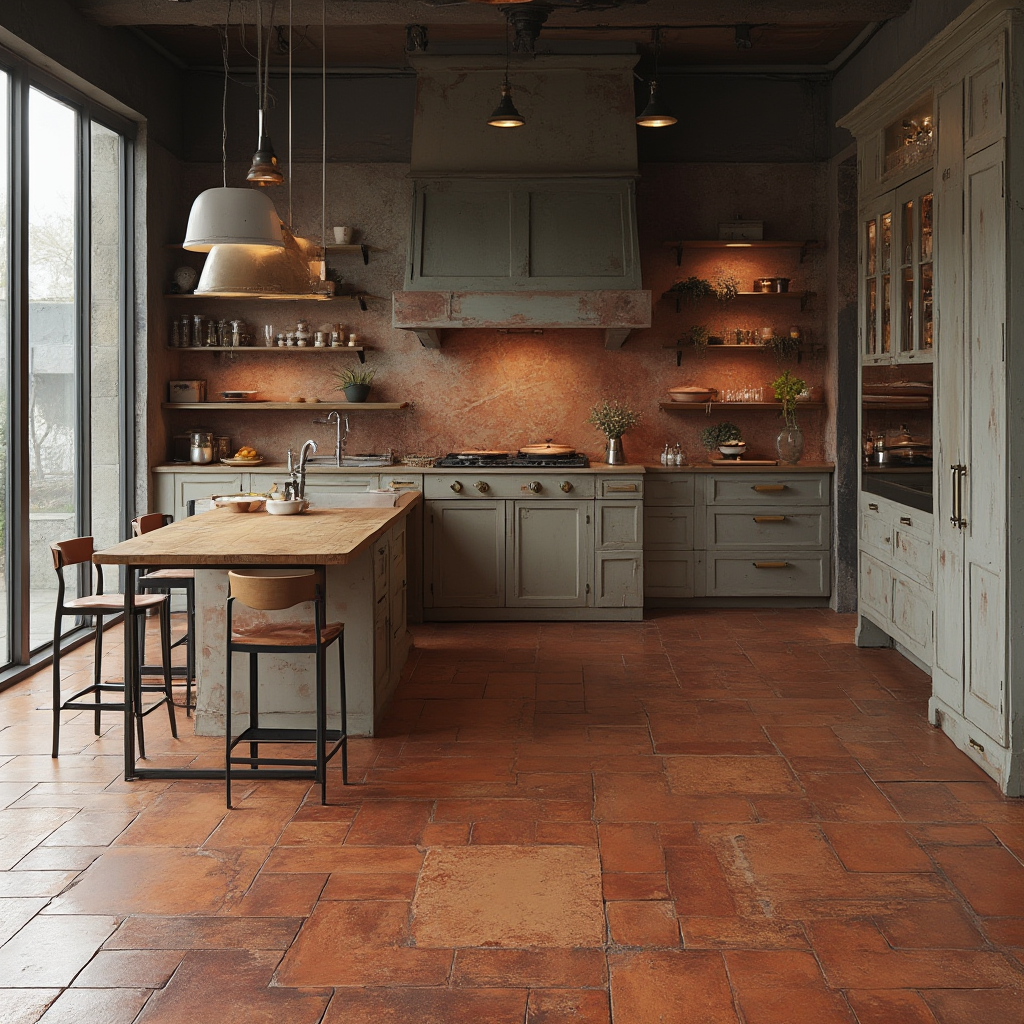 Kuchnia industrialna z podłogą z płytek imitujących stal corten i ścianą z kafli w odcieniu wypalonej gliny. Kadr ukazuje fragment wyspy śniadaniowej z drewnianym blatem.