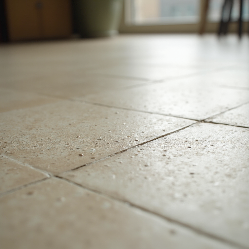 Detal płytek podłogowych z widoczną strukturą antypoślizgową w formie delikatnych wgłębień. Naturalne światło padające pod kątem uwydatnia fakturę powierzchni.