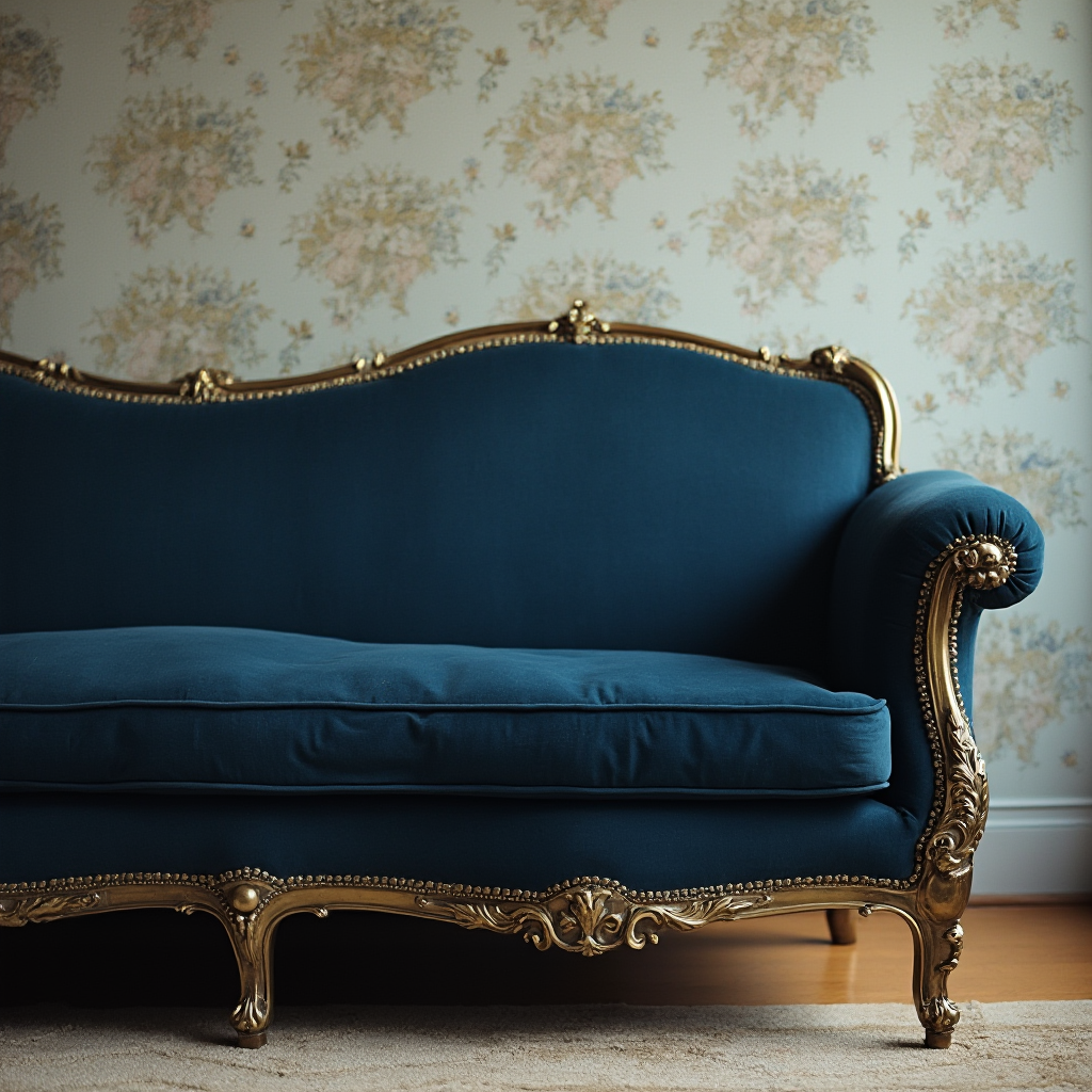 retro kanapa w kolorze ciemnego błękitu z mosiężnymi detalami, na tle ściany z tapetą w subtelne kwiaty