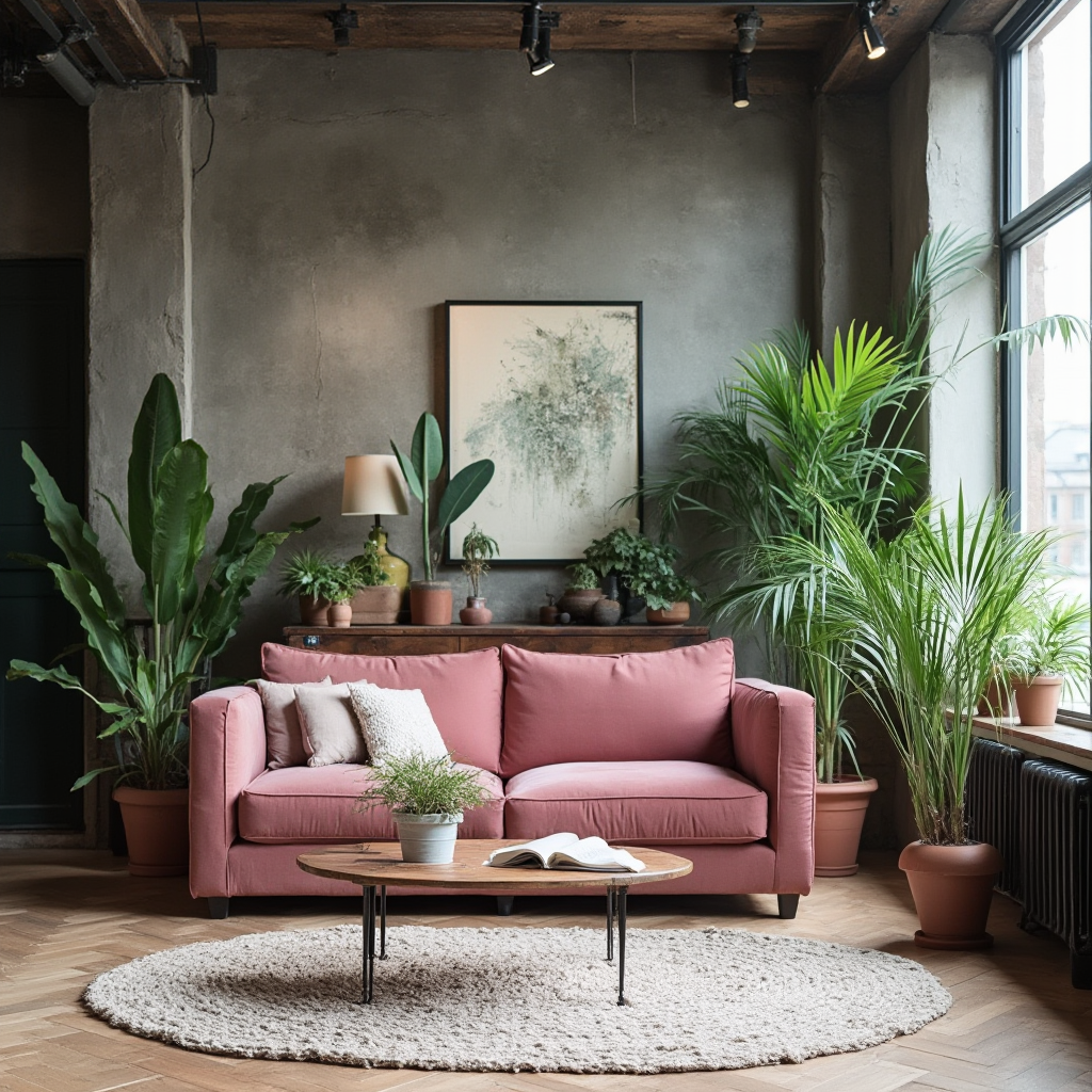 przestronny salon z kanapą w kolorze ciemnego różu, industrialne detale i paleta roślin w ceramicznych donicach
