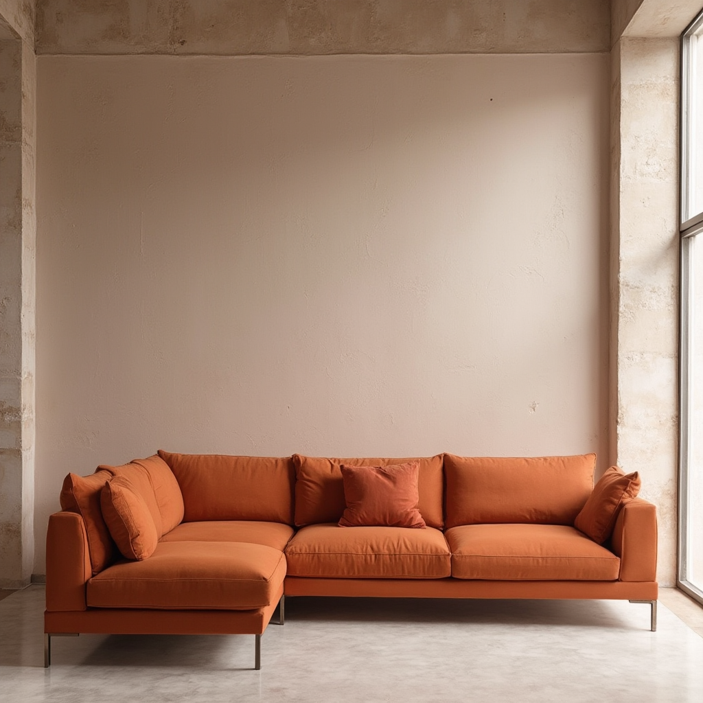 narożna kanapa w odcieniu terakoty na tle ściany z dekoracyjnym tynkiem w kolorze mgieł, widok z podkreśleniem faktur materiałów