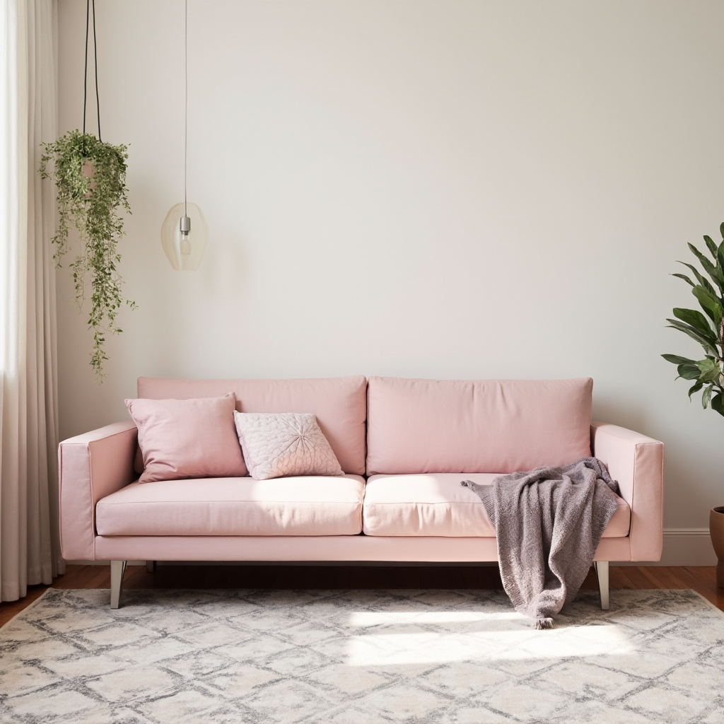 rozkładana sofa w pudrowym różu z metalowymi nóżkami, aranżacja z wiszącą rośliną i geometrycznym dywanem