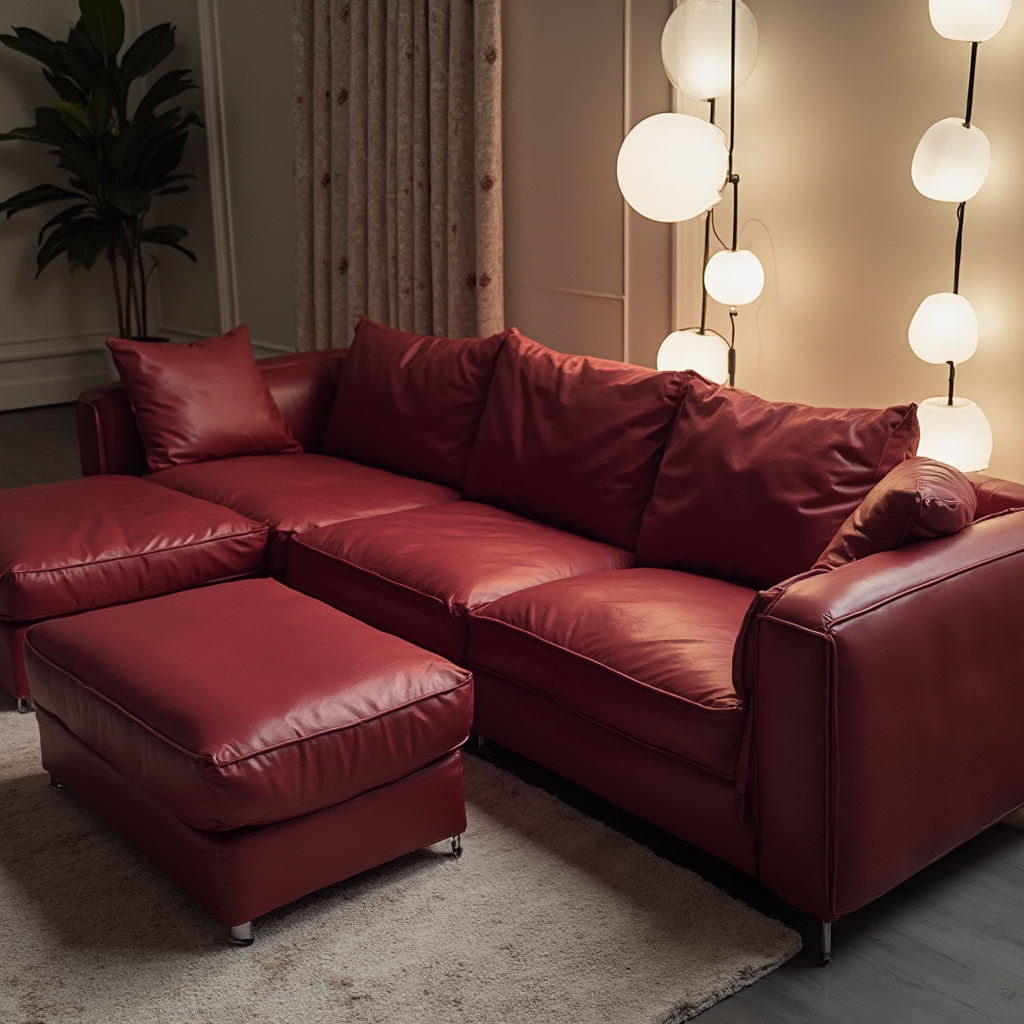 modułowa kanapa w kolorze granatu z wymiennymi elementami, ustawiona w układzie litery L, nowoczesne podłogowe lampy w tle