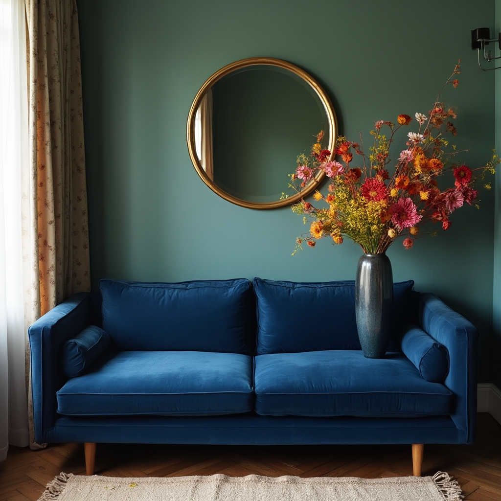 głęboka granatowa kanapa w stylu mid-century, zestawiona z okrągłym złotym lustrem i żywymi kwiatami w wazonie
