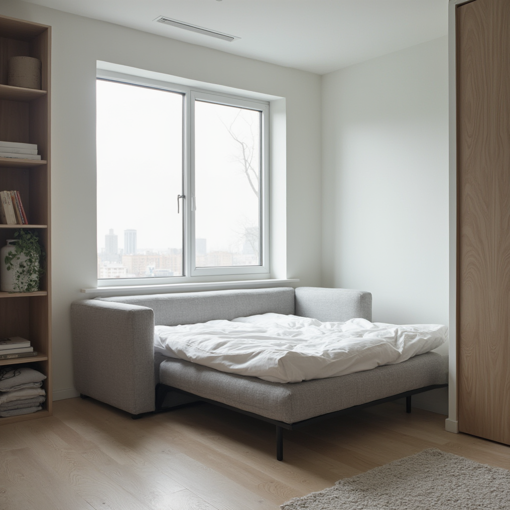 kompaktowa jasnoszara sofa rozkładana z funkcją spania, wstawiona w niszę pod oknem, widok z perspektywy regału ściennego