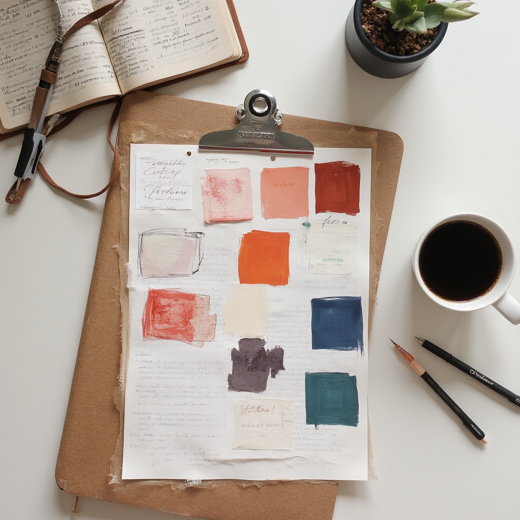 tablica moodboard z próbkami tkanin i farb, ułożona obok kawy i szkicownika, stylowe flamastry w tle