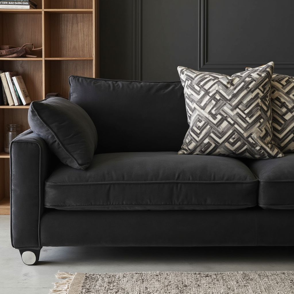 kanapa w jednolitym kolorze antracytu z geometrycznymi poduszkami, drewniana półka z książkami w tle