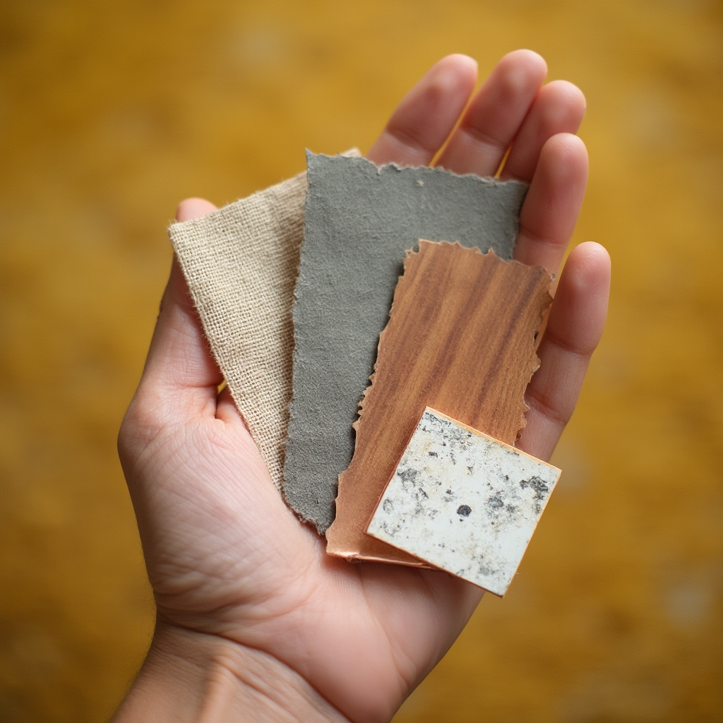 blisko kadru dłoni trzymającej zestaw próbek materiałów: kawałki drewna tekowego, płótna lnianego, miedzianej blachy i kamiennej płytki ułożone na żółtobrązowym dywanie