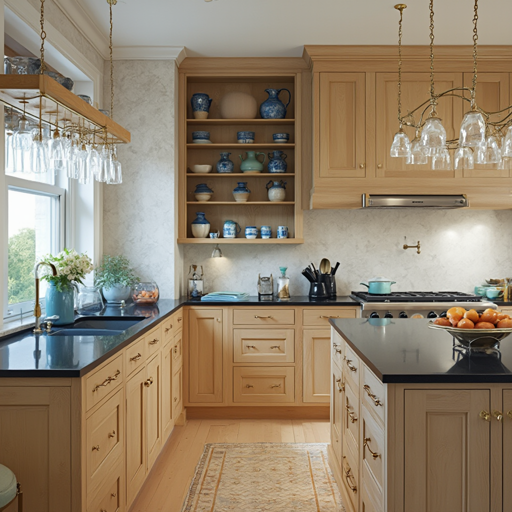 nowoczesna kuchnia w stylu kolonialnym: jasne szafki z drewna dębowego z mosiężnymi uchwytami, blat z czarnego marmuru, wiszące kieliszki nad wyspą, ceramiczne dzbany w odcieniach błękitu na otwartych półkach