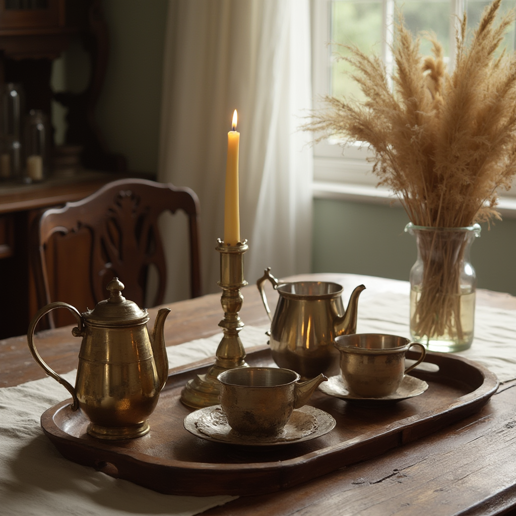 kompozycja stołu w jadalni kolonialnej: drewniana taca z herbacianym serwisem, mosiężny dzbanek, świecznik z wosku pszczelego, suszone trawy w wąskiej wazie