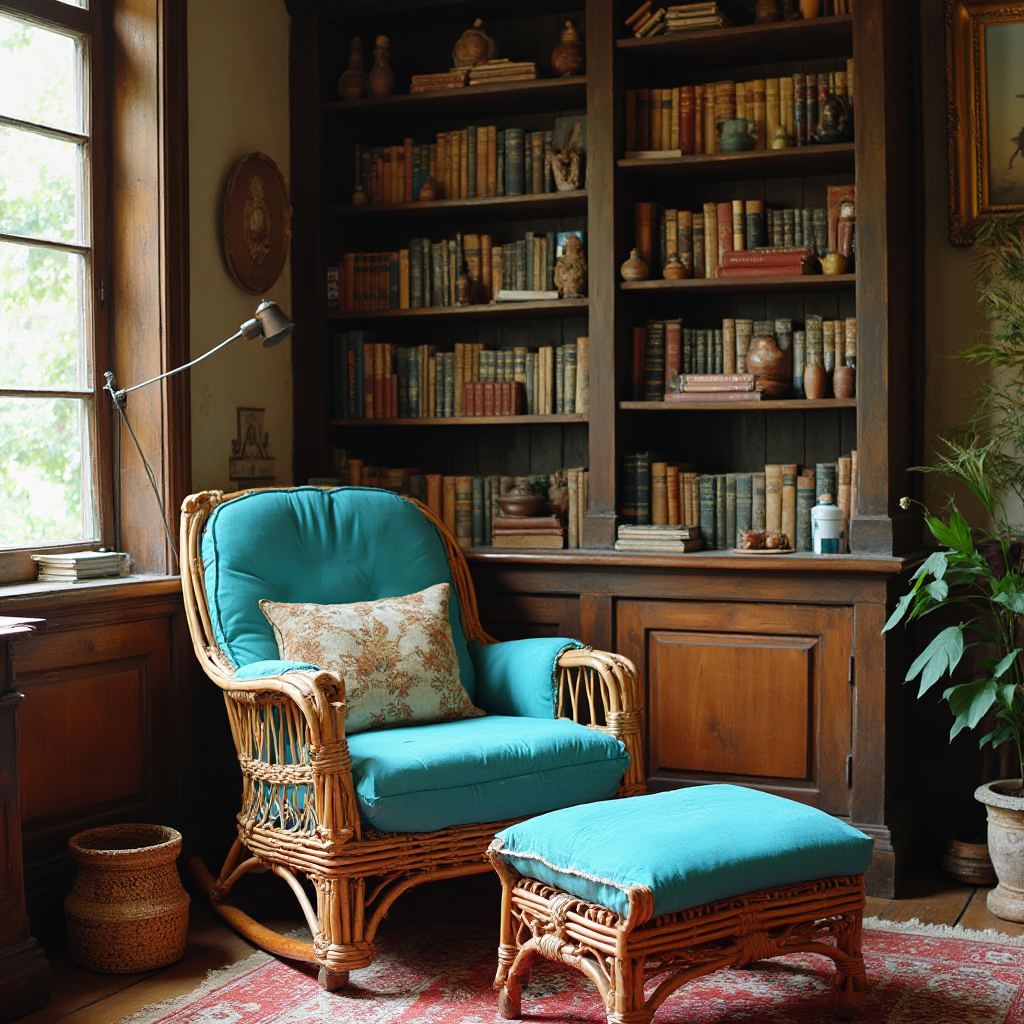 kącik czytelniczy w stylu kolonialnym: bujany fotel z rattanu, podnóżek obity turkusowym materiałem, regał z otwartymi półkami pełnymi książek i glinianych figurek