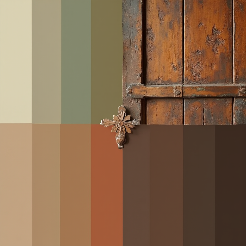 paleta barw kolonialnych: od lewej – piaskowy beż, oliwkowa zieleń, terakota, głęboki brąz i akcent miedzi na drewnianej desce