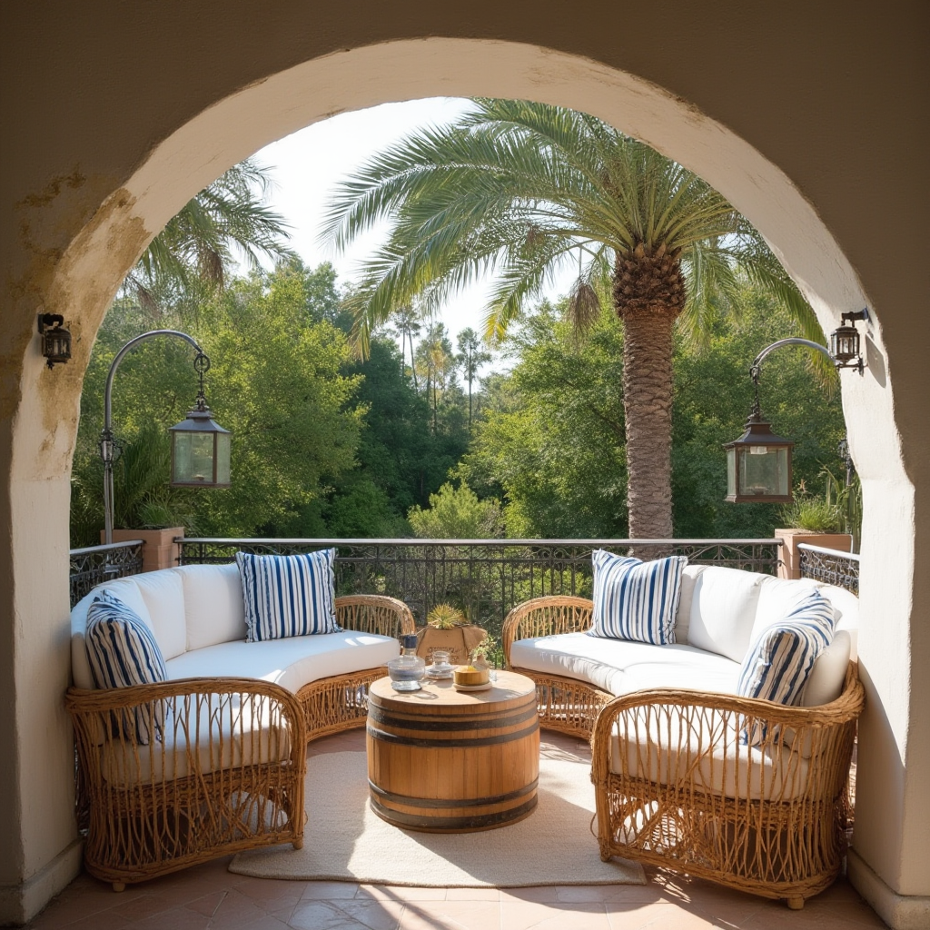 szeroki kadr tarasu w stylu kolonialnym: rattanowy zestaw wypoczynkowy z poduszkami w biało-niebieskie pasy, drewniana beczka jako stolik, lampiony zawieszone na palmie w tle