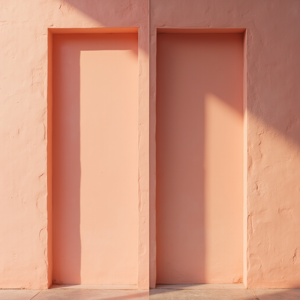 porównanie tej samej ściany w kolorze łososiowym przy świetle dziennym i sztucznym, kadr podzielony na dwie równe części