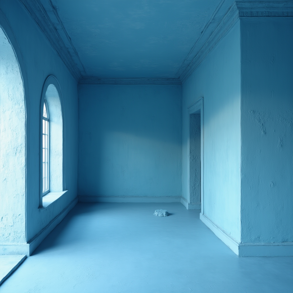 technika malowania colour drenching w odcieniach błękitu, widok ukazujący ciągłość koloru na ścianie, suficie i elementach architektonicznych