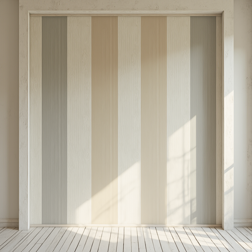 iluzjonistyczne malowanie ściany w pionowe pasy beżu i szarości, kadr ukazujący efekt wizualnego wydłużenia pomieszczenia