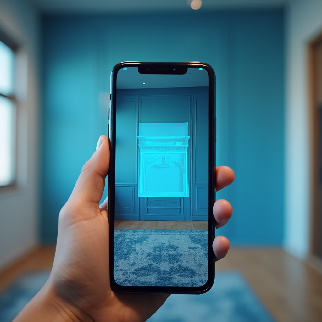ekran smartfona z aplikacją AR pokazującą wirtualną wizualizację niebieskiej ściany w rzeczywistym wnętrzu, kadr z ręką trzymającą telefon