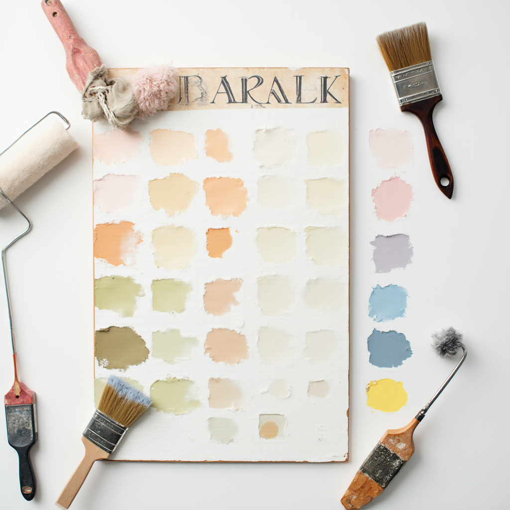 kolaż próbek farb na białej planszy z opisami odcieni, widok z góry z rozrzuconymi pędzlami i wałkami malarskimi